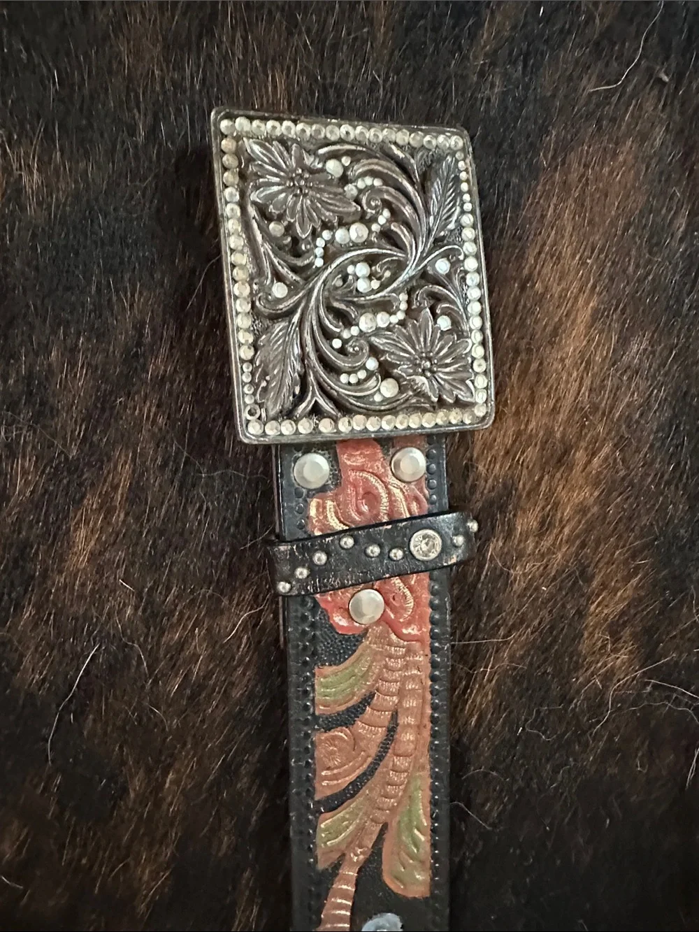 Vintage Nocona Leather Floral Belt With Studs & Rhinestones, Multicolor Flowers